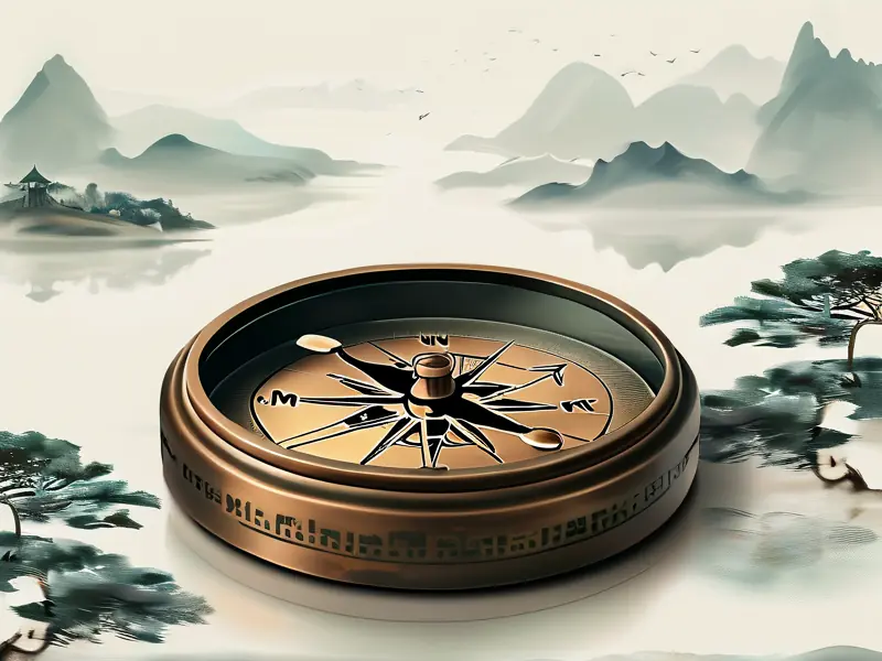 青铜罗盘上刻有IP地址和网络节点图案，背景为山水画，寓意高频IP轮换的稳定与策略_1