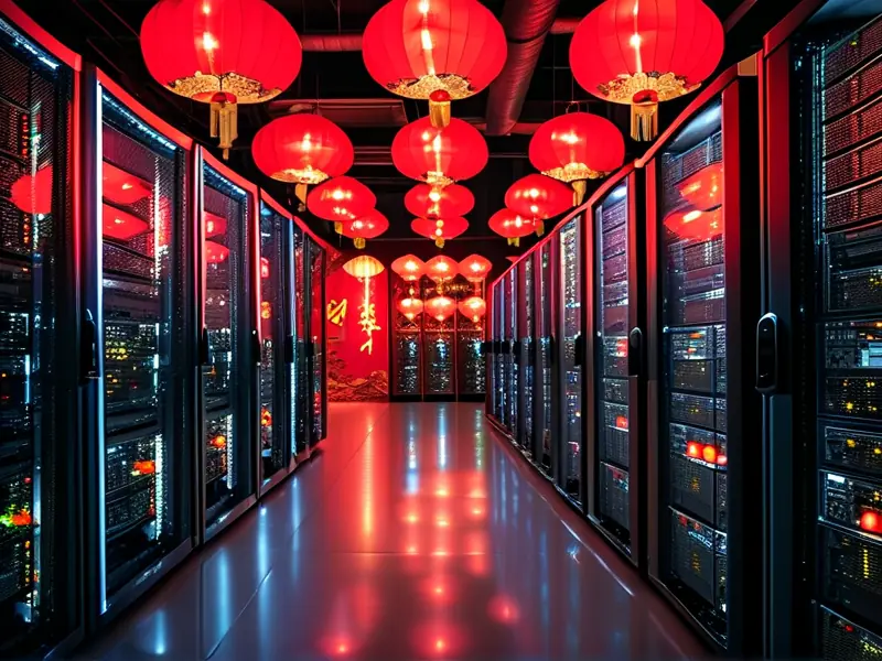 网络代理服务器机房内部，服务器整齐排列，指示灯闪烁，背景有中国风格装饰。_1