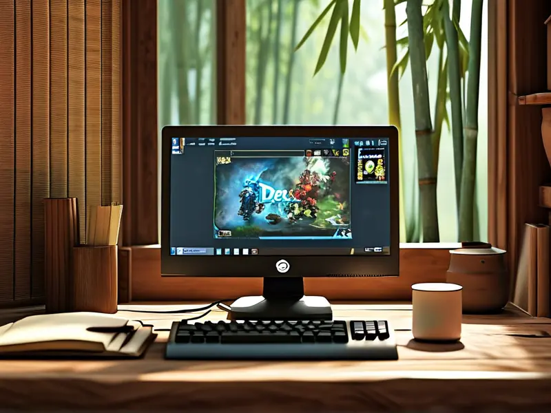 中式书房内老式电脑显示Dota2游戏界面，旁有茶杯和笔记本。_1