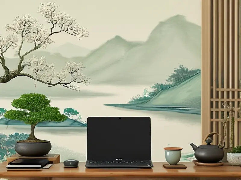 传统风格工作台展示网络设备与日常物品组合场景_1