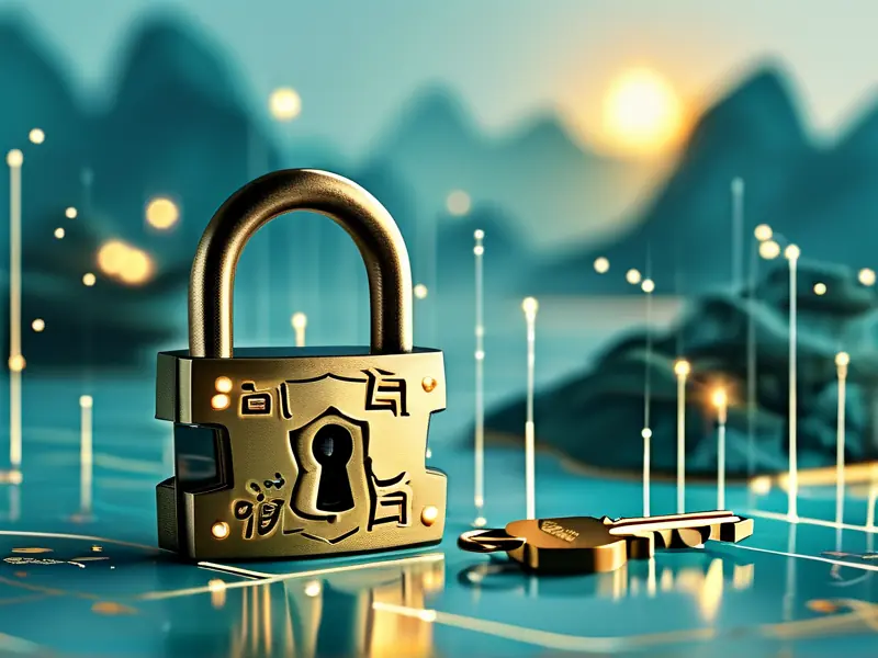 防封号策略与技术示意图：青铜锁和钥匙象征安全与解锁，结合数据流和网络节点，突出稳定操作与优化主题。_1