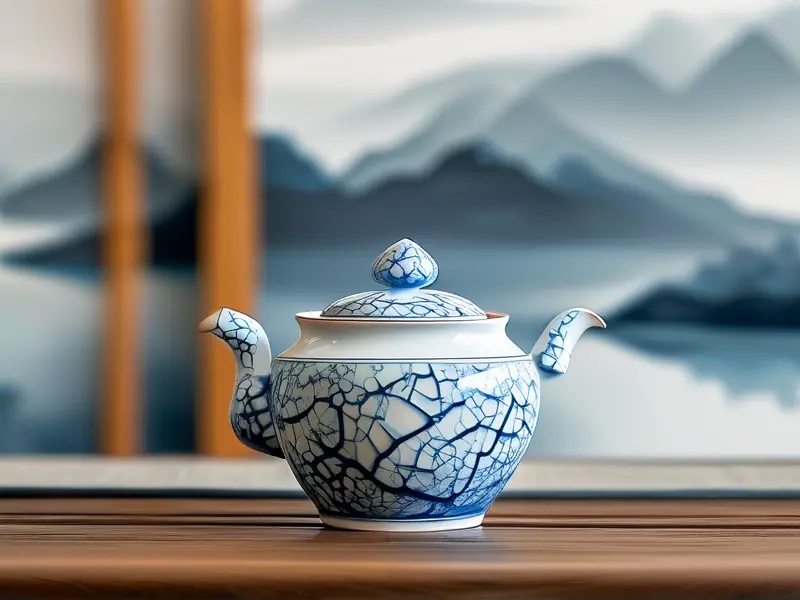 青花瓷茶壶置于木桌，背景水墨山水_1