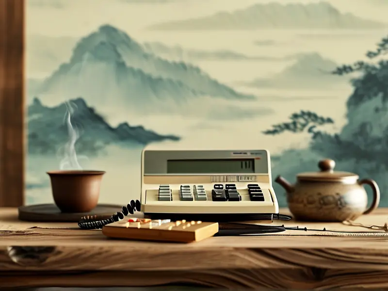 传统木桌上的老式计算器、茶杯和游戏手柄，背景为淡墨山水画，光线柔和。_1