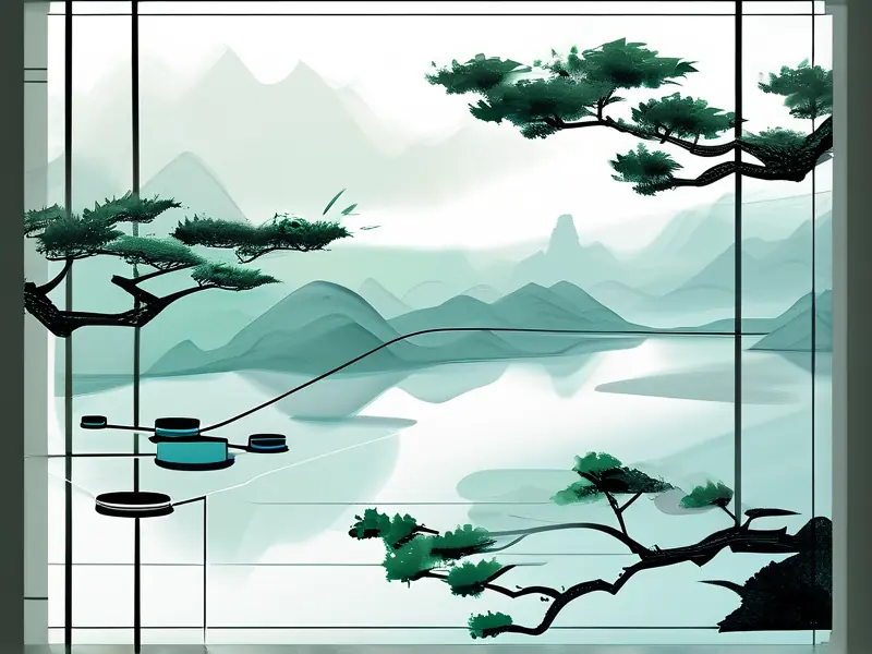 水墨画风格的静态IP代理设置示意图，展示网络节点与IP地址的稳定连接。_1