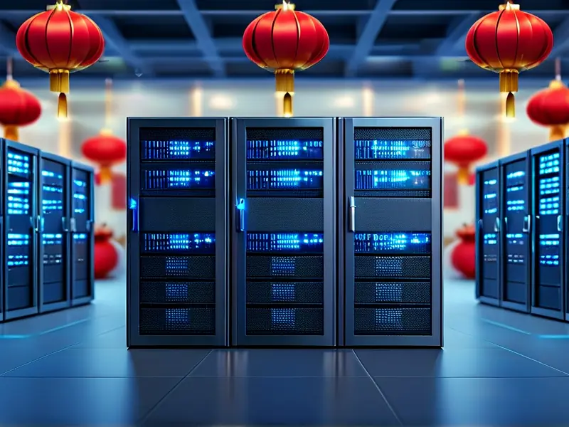 中国风服务器机房内部场景，机柜排列整齐，蓝色指示灯闪烁。_1