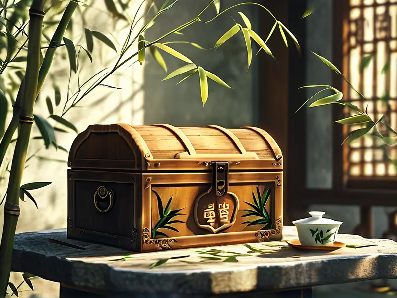 中式庭院石桌上的木质宝箱，刻有‘独享’二字，周围有竹叶和茶杯_1