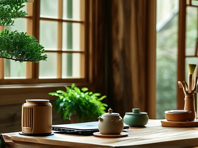 古风书房中的工作场景，笔记本电脑和茶具旁有绿植，自然光透过窗户。_1