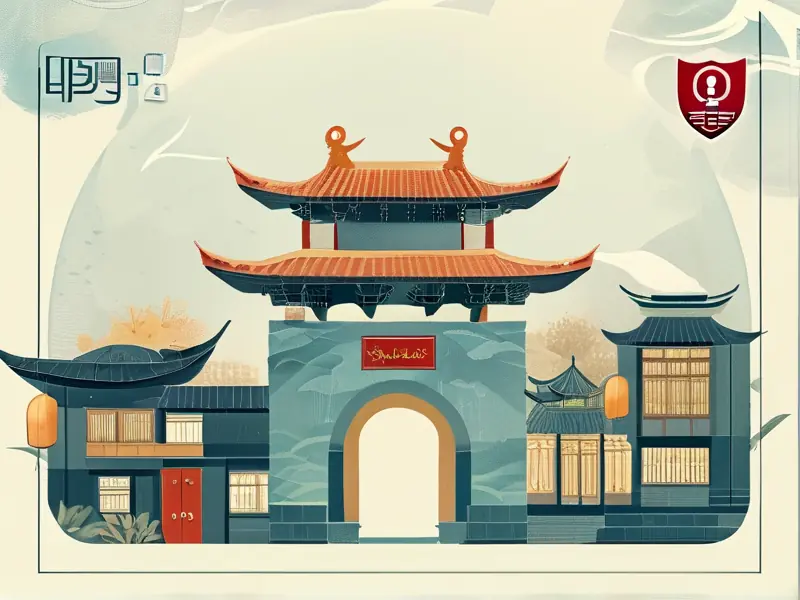 无忧IP登录入口中国风插画，包含IP地址、盾牌、钥匙元素，水墨风格背景，展现传统与现代科技融合。_1