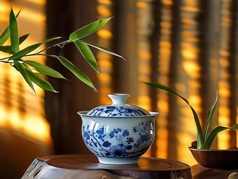 青花瓷路由器与青瓷茶具静物图_1