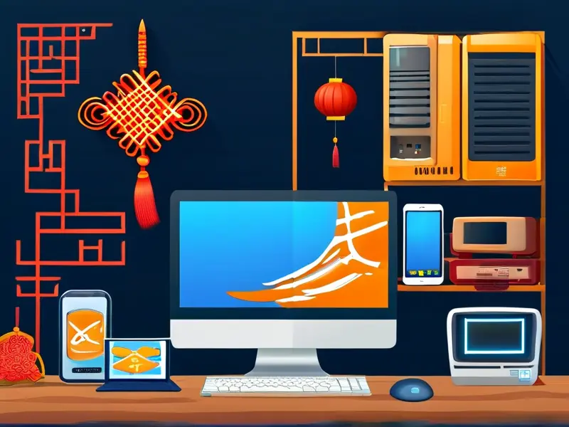 无忧加速器多终端适配示意图，包含电脑、手机、模拟器等设备，背景有中国结元素_1