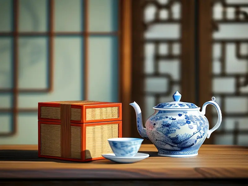 中国风传统工艺品静物图，青花瓷茶壶、竹编篮子、红木盒子置于木桌，背景古典屏风_1